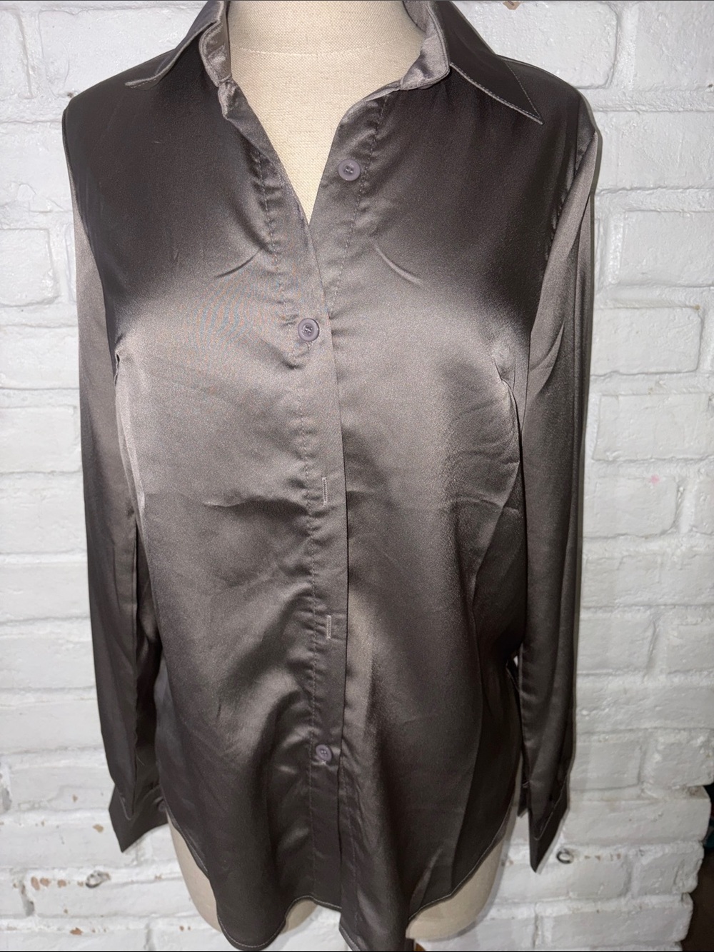 NWOT SHEIN Classic Satin Long-Sleeve Shirt - Gray Size S
